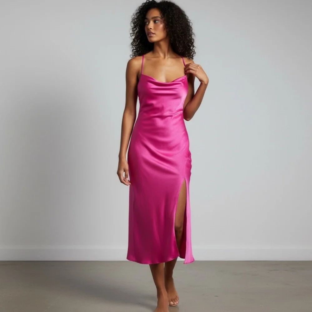 NWT House of Harlow Pink Slip Dress XL Satin Slit - Picture 9 of 10